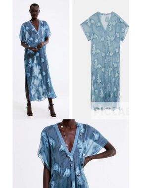 ZARA Blue Embroidered Semi Sheer Kaftan Tunic Kimono Dress Size Medium
